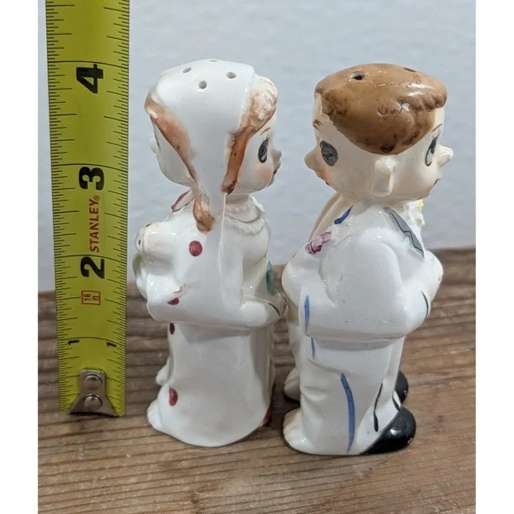 Vintage Double Sided Salt Pepper Shakers Bride Groom / Mom Dad Baby Ceramic Cork